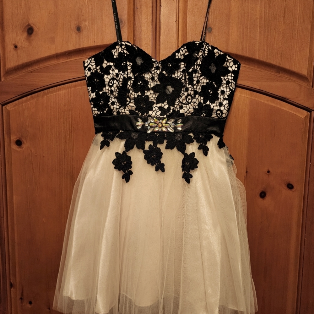 Strapless Black and champagne special occasion dress with jeweled waistline